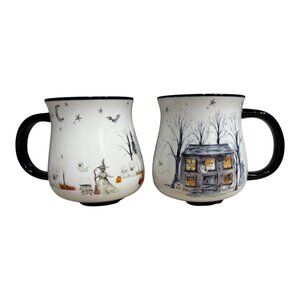 2 Potter's Studio Halloween Haunted House Ceramic Mugs Witch Ghost Tombstone New